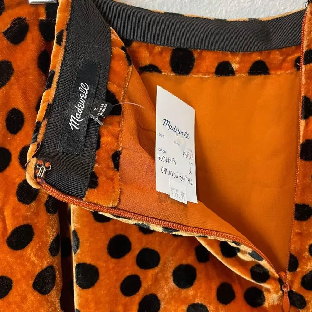 Madewell Skirt WMNS Orange Black SZ 2 Velour Polka Dot Mini Skirt Retro Modern - Picture 4 of 7